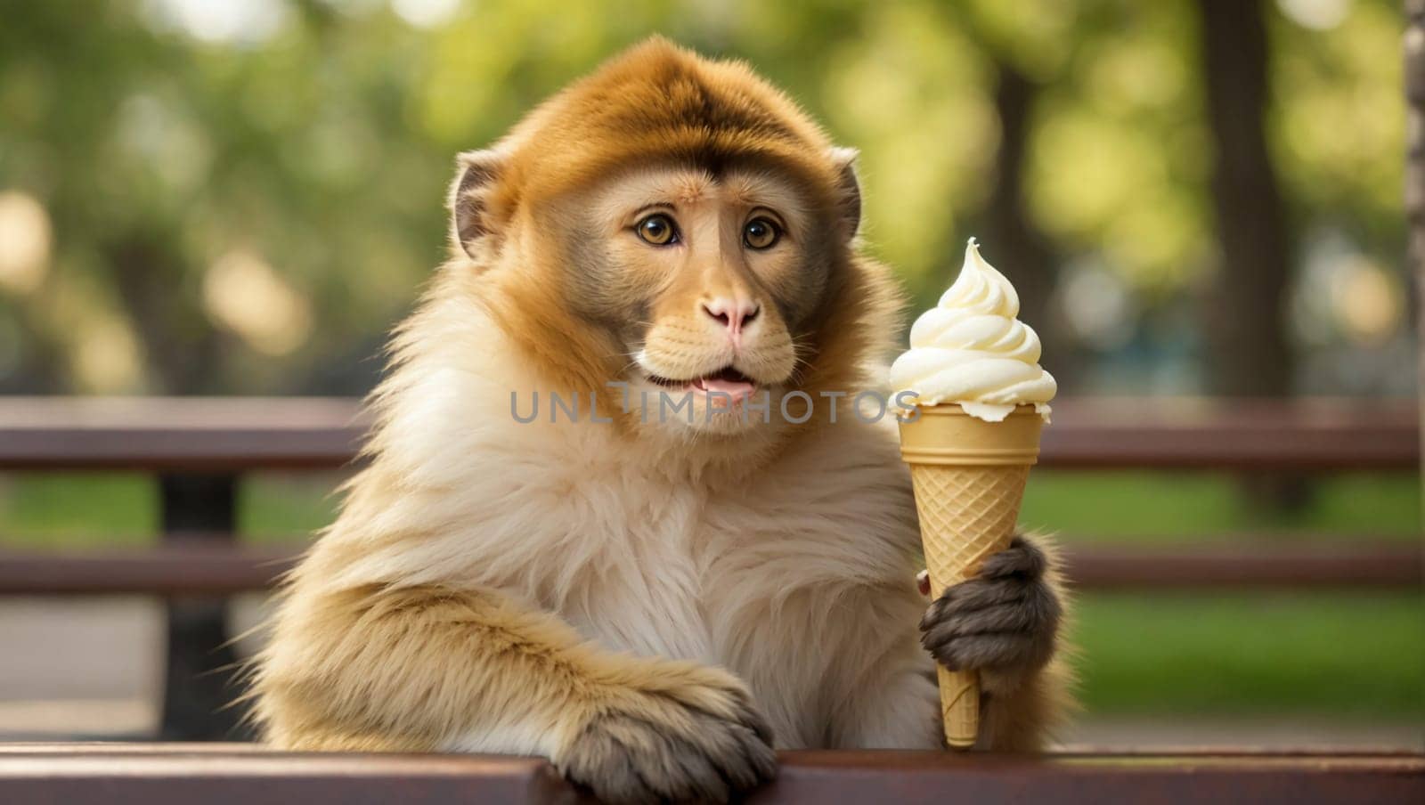 A smiling little monkey holding a yellow and white ice cream cone sits on a bench against a green park backdrop