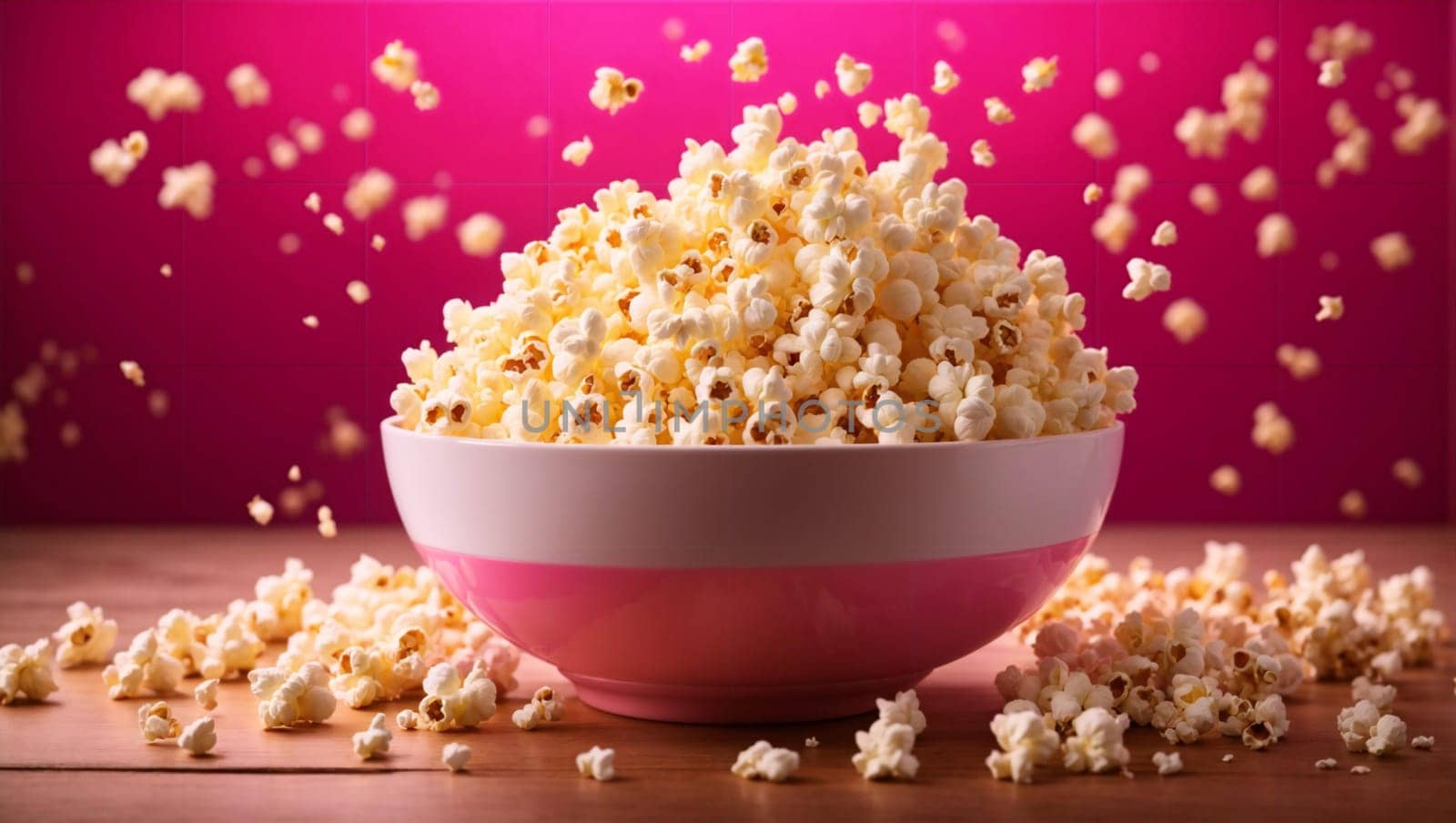 Exploding popcorn in a glass bowl on a bright pink background