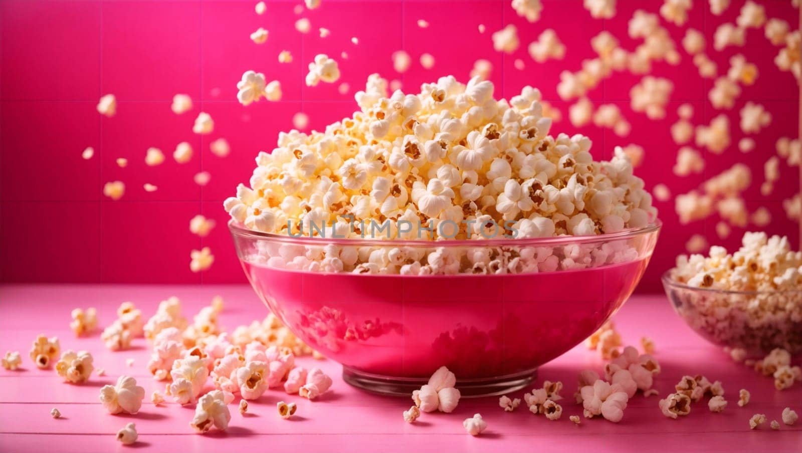 Exploding popcorn in a glass bowl on a bright pink background