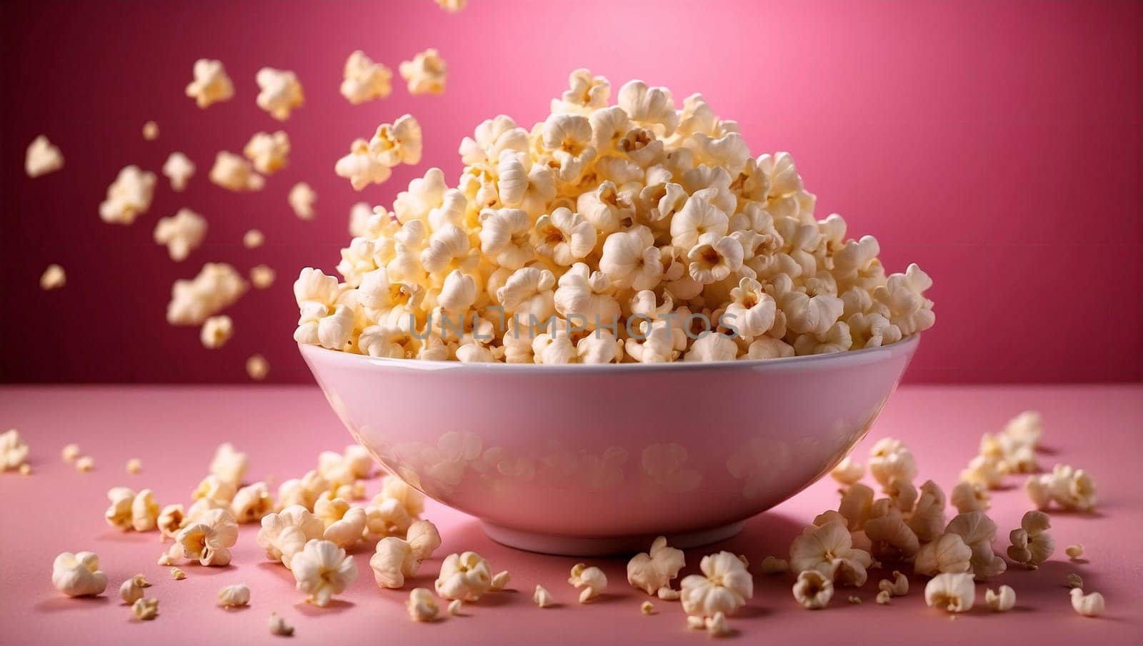 popcorn in a glass bowl on a bright pink background by Севостьянов