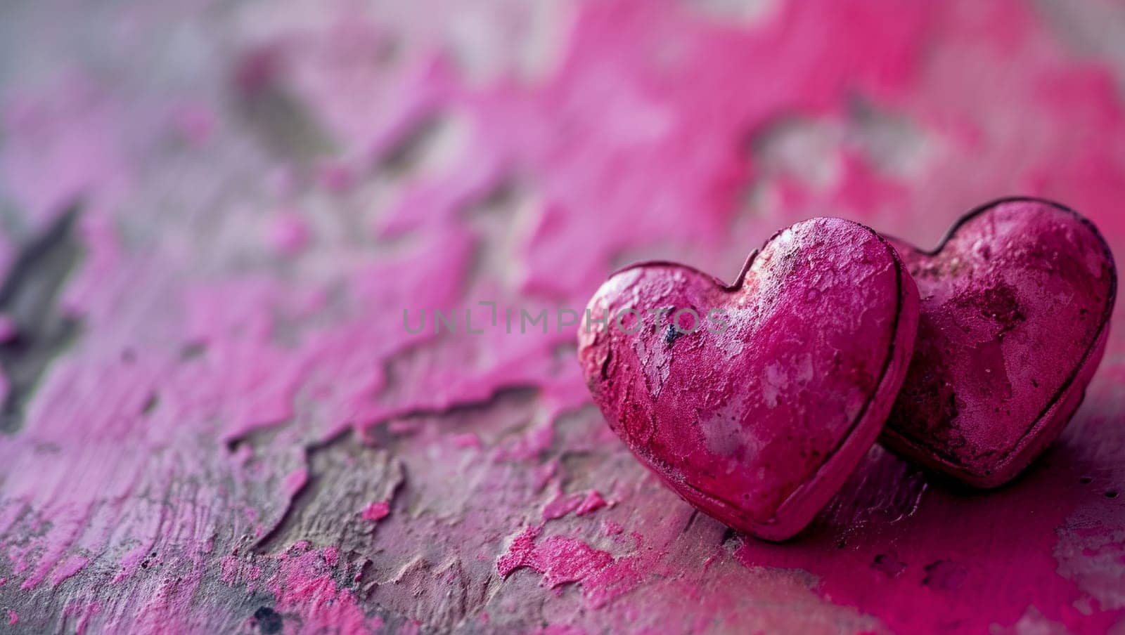 Two red hearts on pink background. Two heart-shaped object is located to the side, there is space for text. by Sneznyj