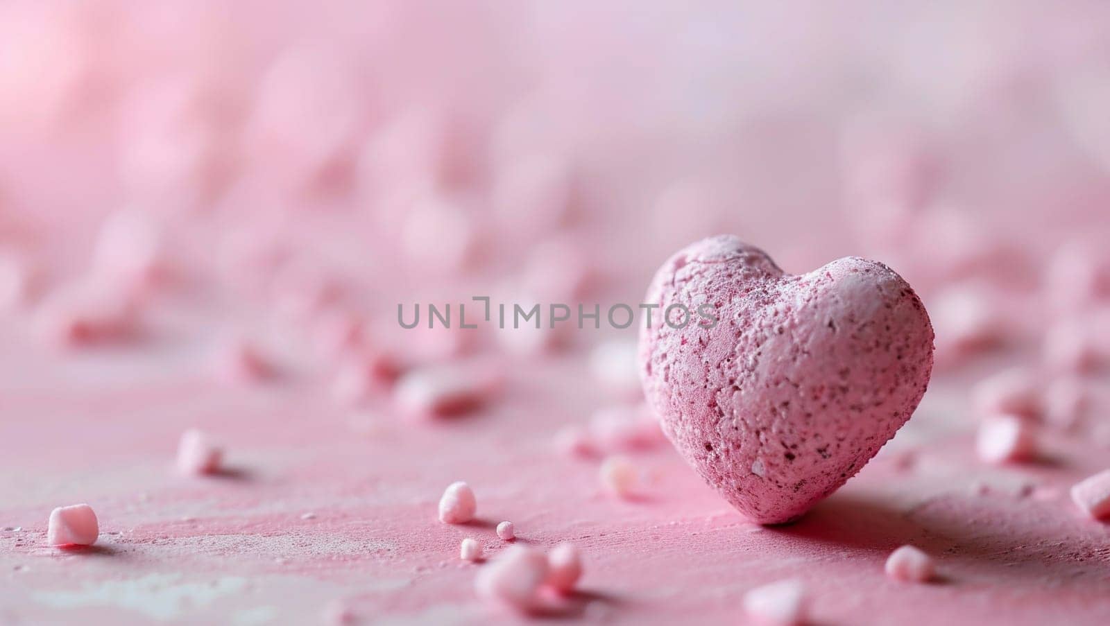 Two red hearts on pink background. Two heart-shaped object is located to the side, there is space for text. by Sneznyj