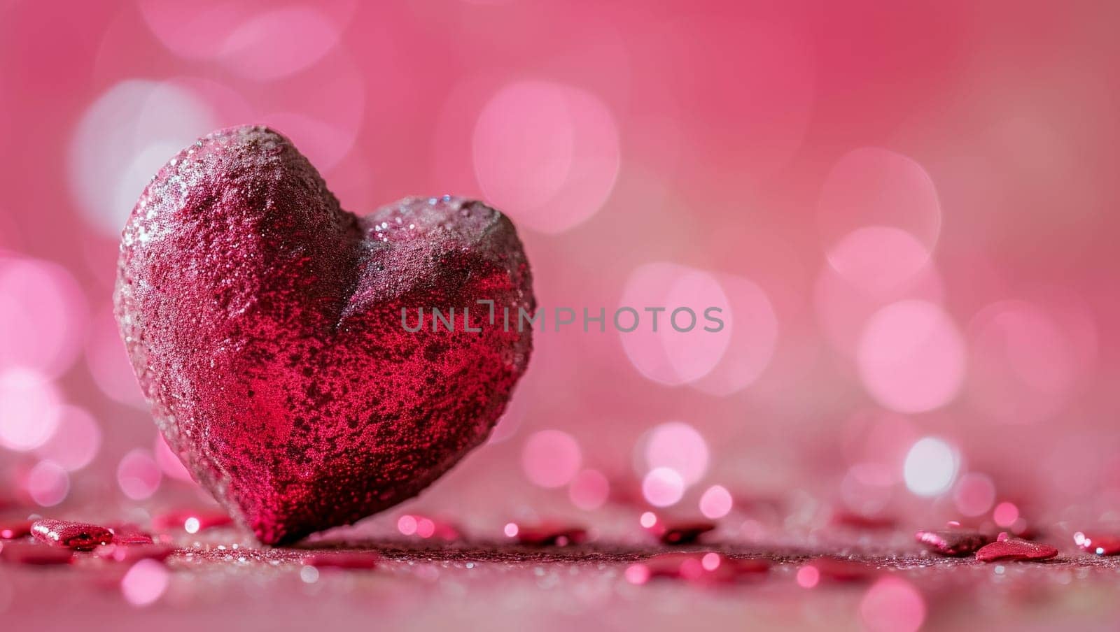 Red heart on pink background. One heart-shaped object is located to the side, there is space for text. High quality photo