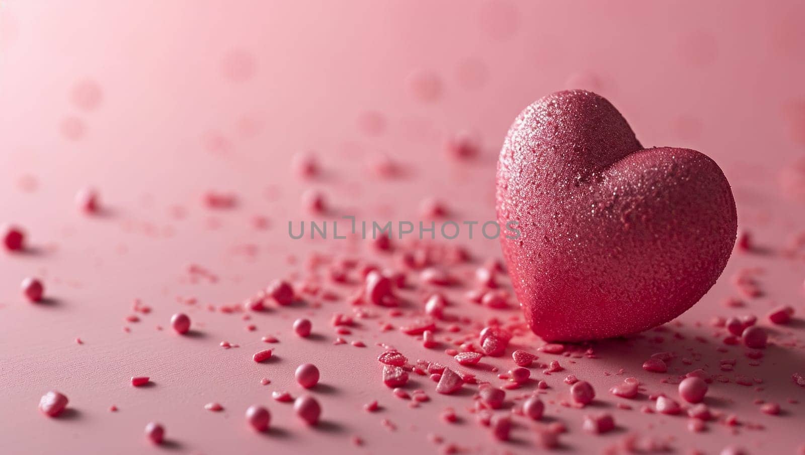 Red heart on pink background. One heart-shaped object is located to the side, there is space for text. by Sneznyj
