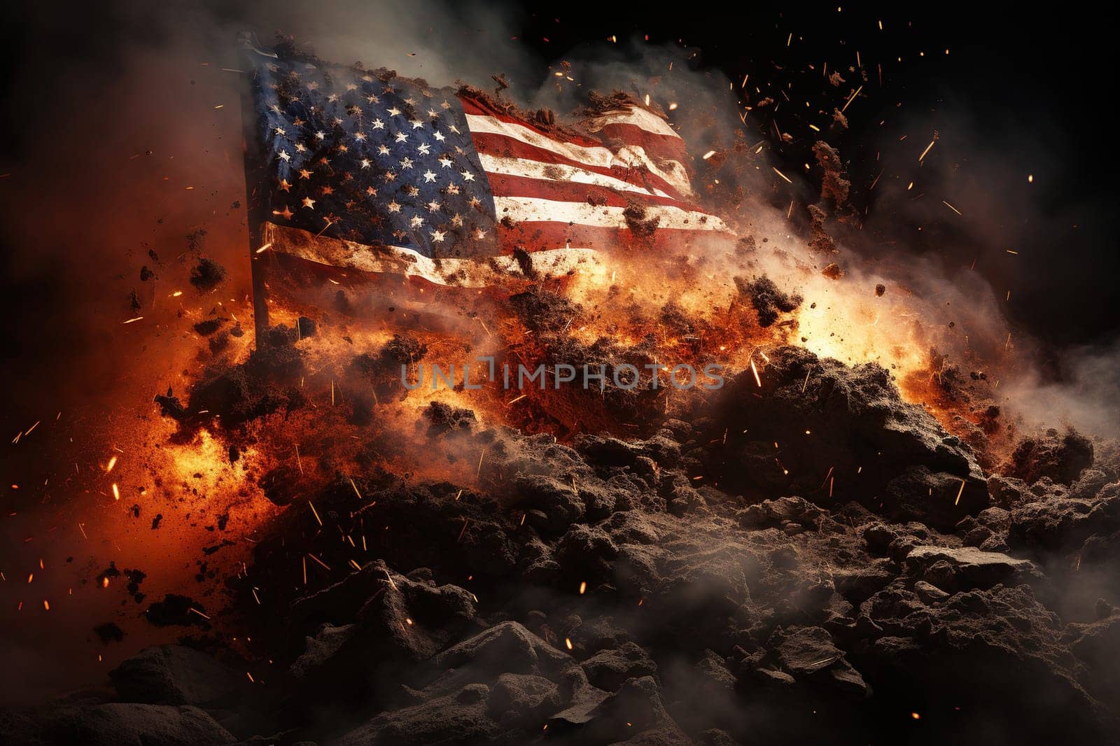 The US flag is on fire and puffs of smoke.