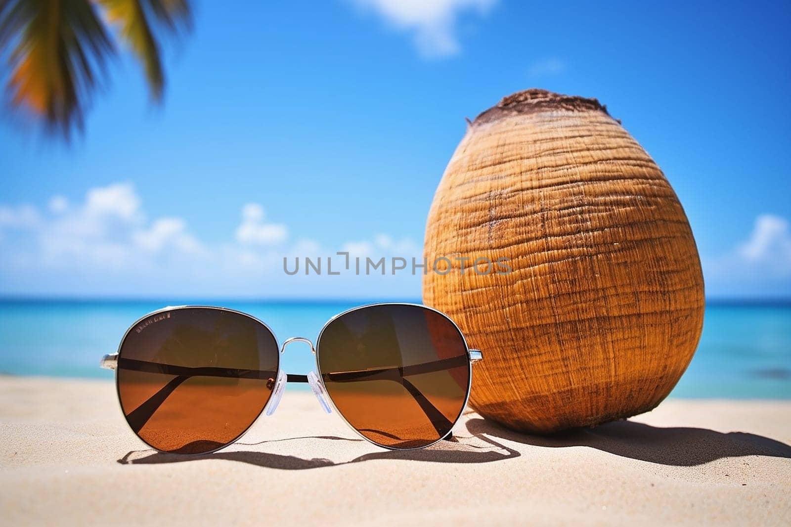 A Perfect Beach Day with Sunglasses and a Coconut on tropical beach, with copy space background