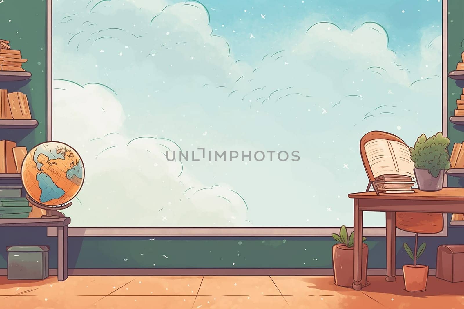 A serene study space background with a view of the sky, copy space