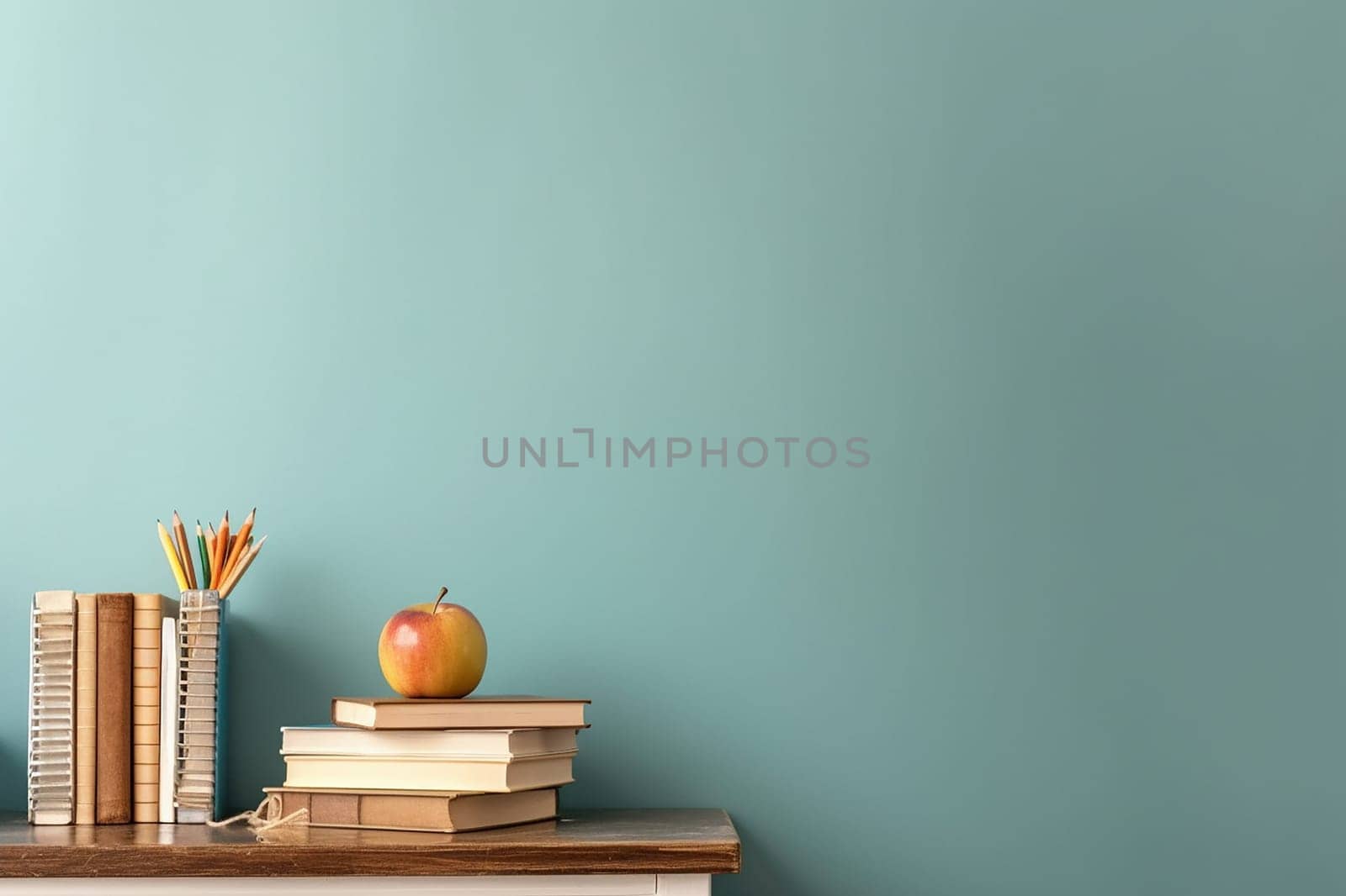 Books and supplies on a wooden shelf, back to school background with copy space