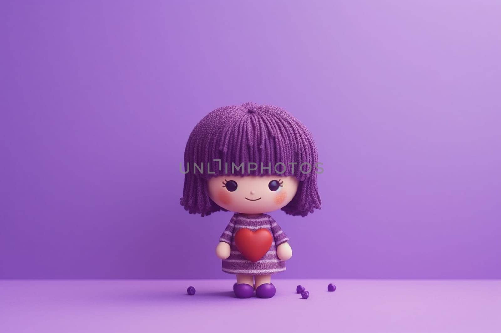 A Cute Doll Holding a Heart on a Purple Background, female doll