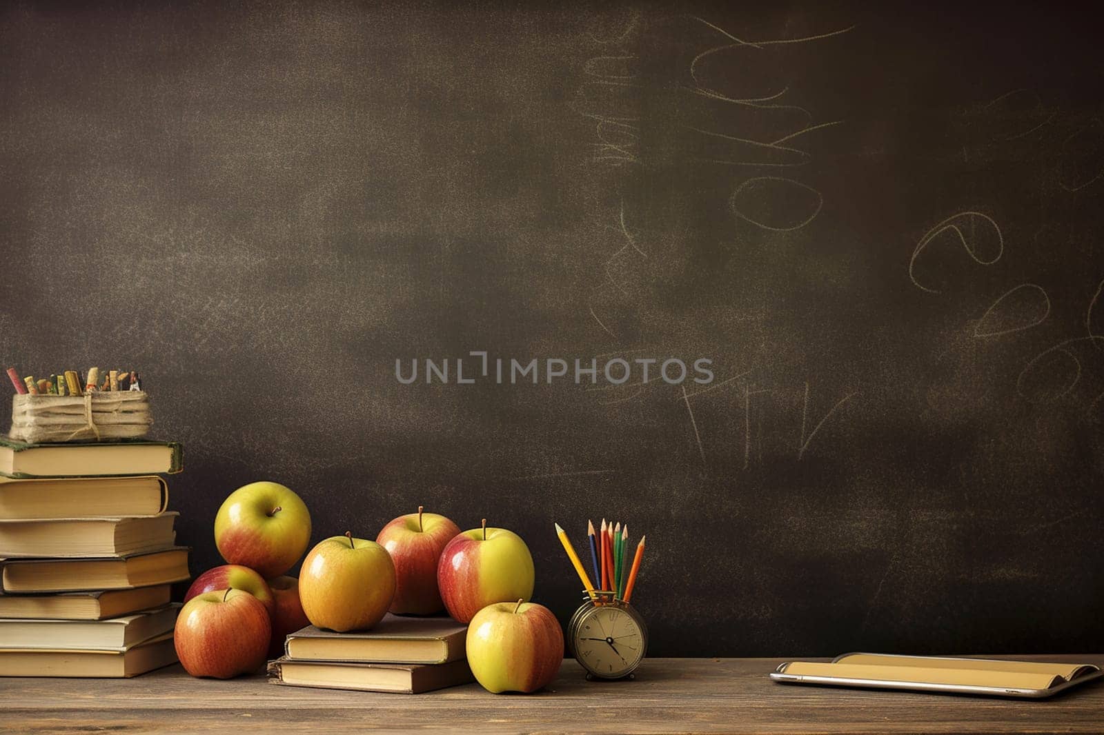 A Still Life of Education: Apples and Books Against a Chalkboard background