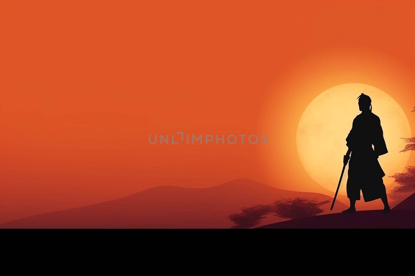 A Samurai Warrior’s Silhouette Against a Breathtaking Orange Sunset background, with copy space