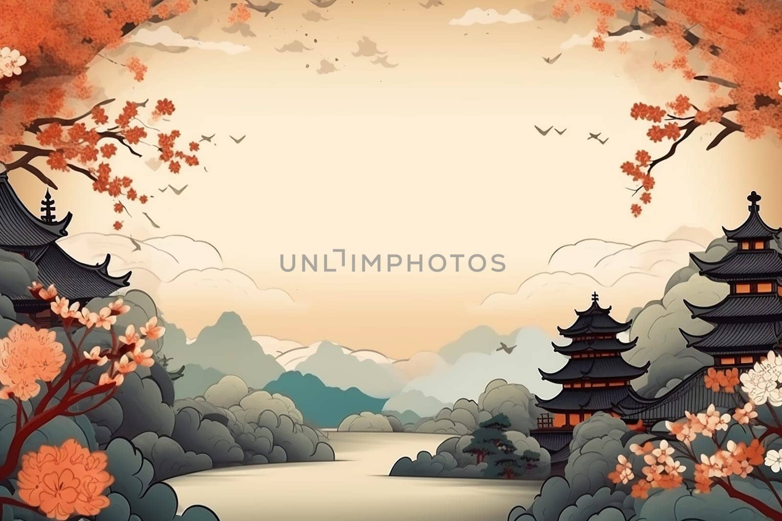 Pagodas and blooming flowers against a backdrop of mountains and clouds background