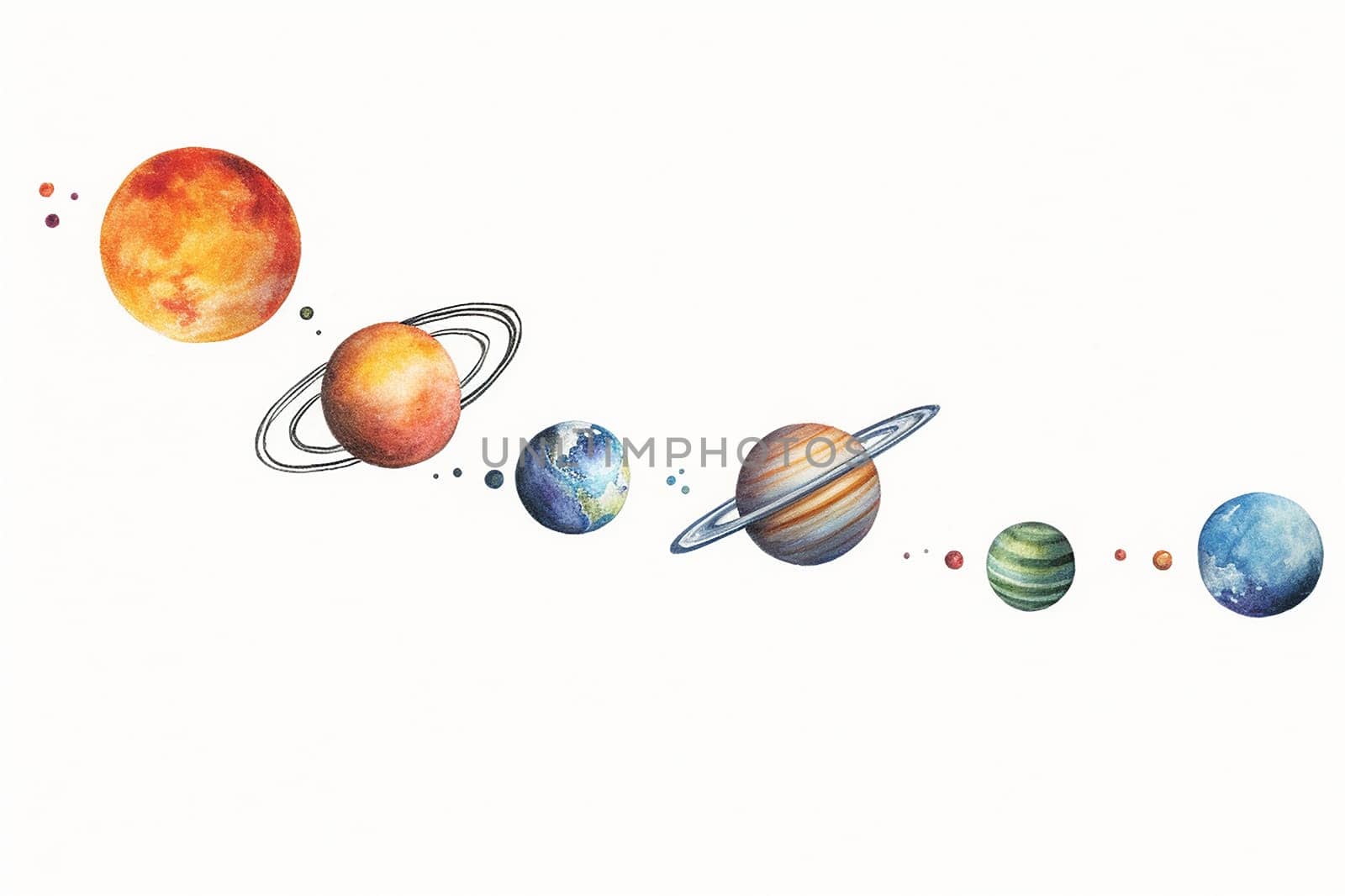 A Cosmic Planets with white background and Starry Galaxies, watercolor