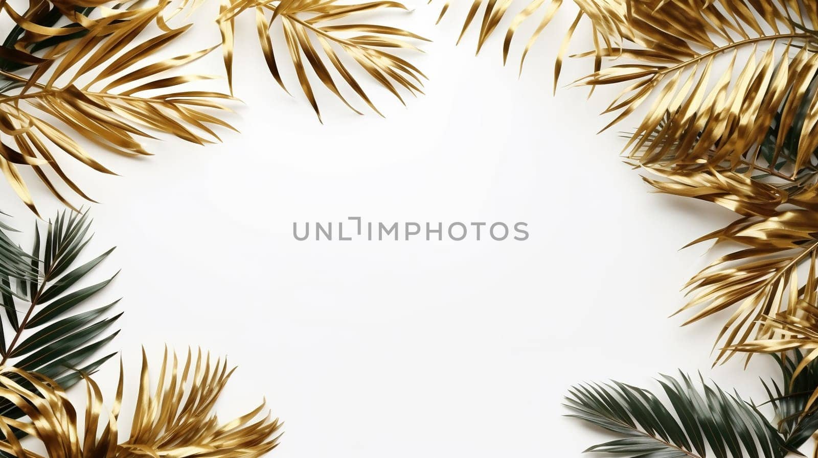 Frame with golden and green palm leaves on a white background. Place for text.