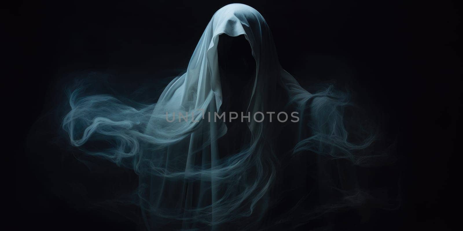 Portrait of paranormal ghost on midnight black background, paranormal powers