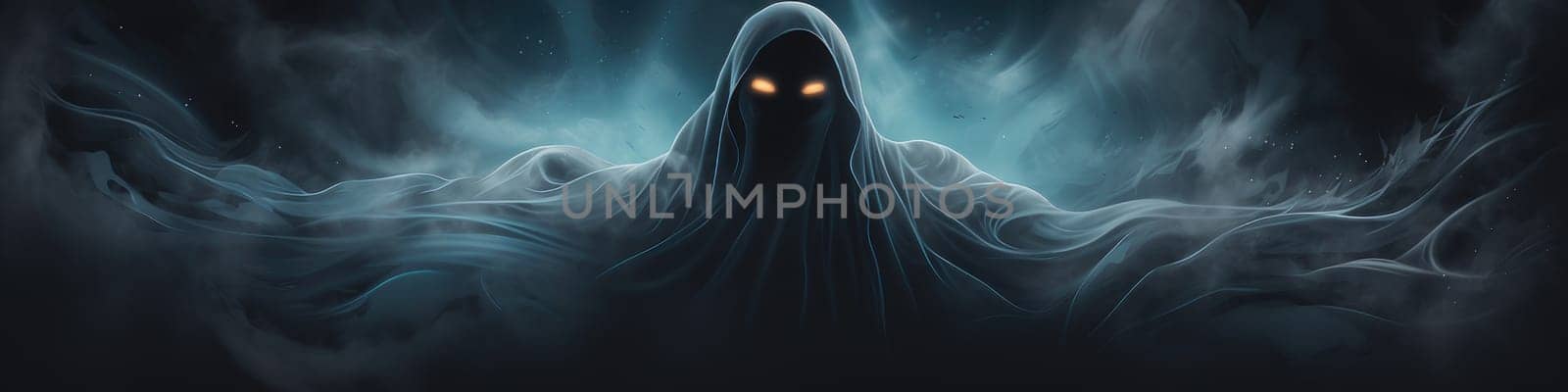 Portrait of ghost on the midnight black banner, paranormal powers concept by Kadula