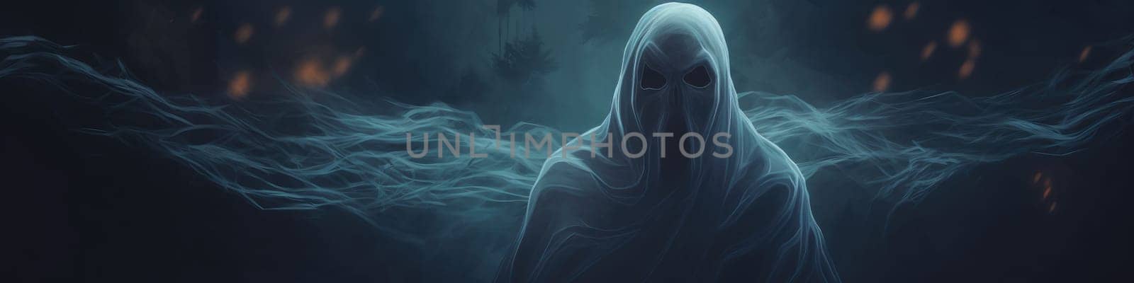 Portrait of ghost on a midnight black banner, paranormal powers concept