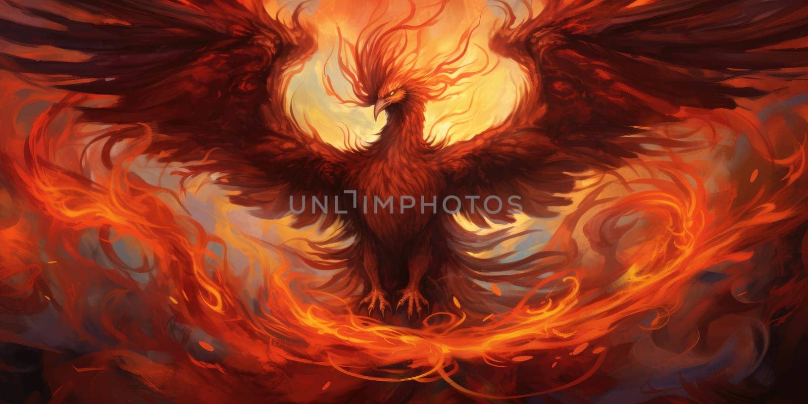 Portrait of phoenix on the fiery background, mystical burning itself on a funeral pyre and rising from the ashes with renewed youth to live through another cycle by Kadula