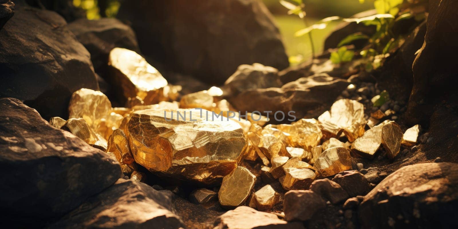Raw gold pieces in the nature, yellow precious metal, mineral raw material concept