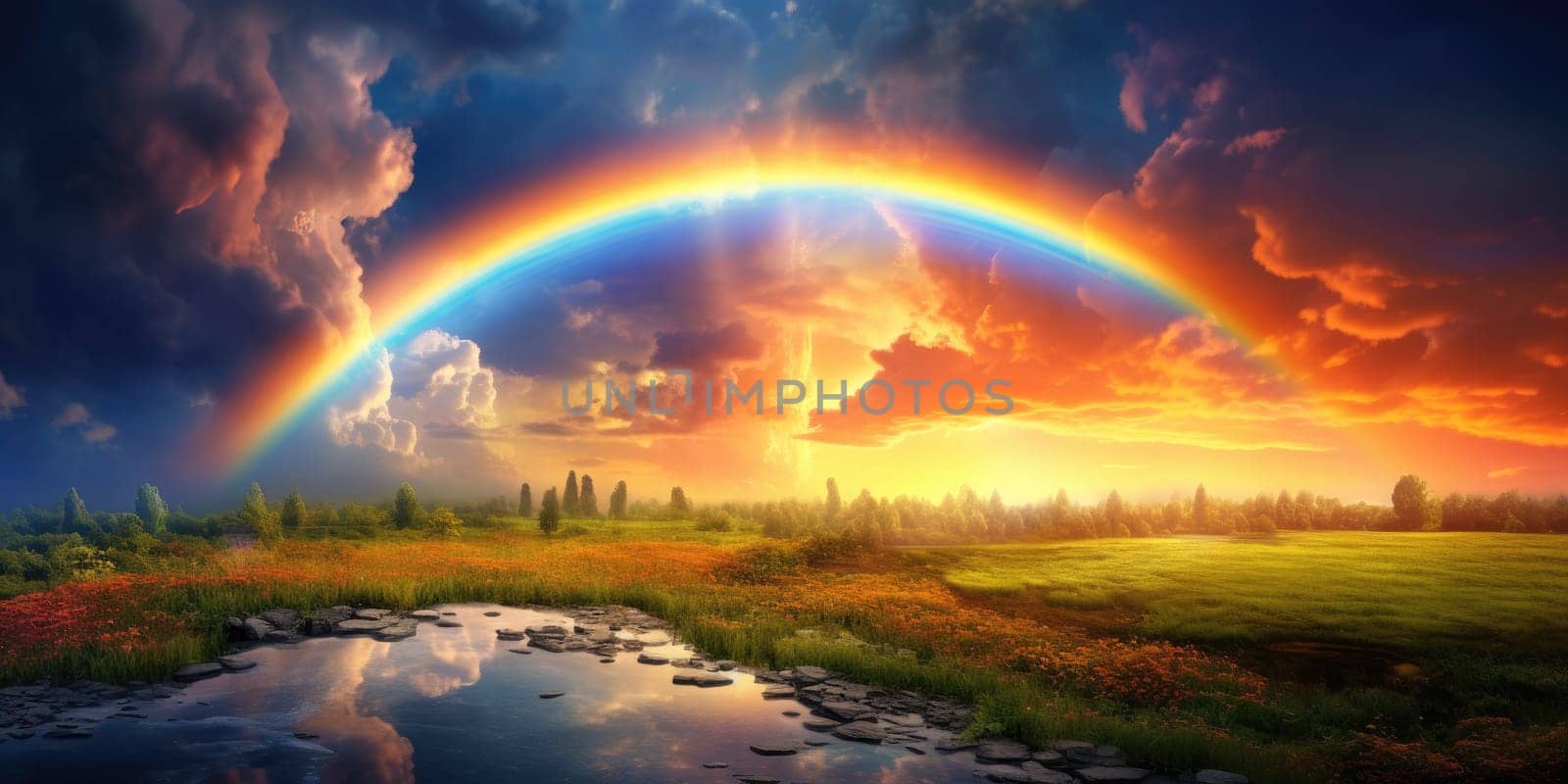 Colorful, huge rainbow over a beautiful scenery nature, landscape