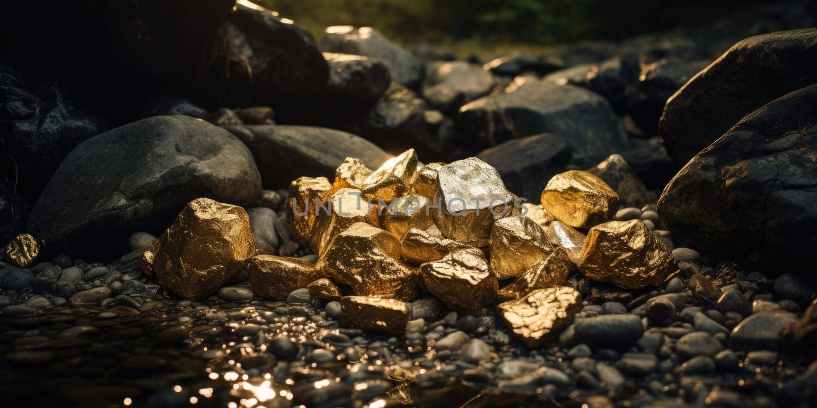 Raw gold pieces in the nature, an yellow precious metal, mineral raw material concept by Kadula