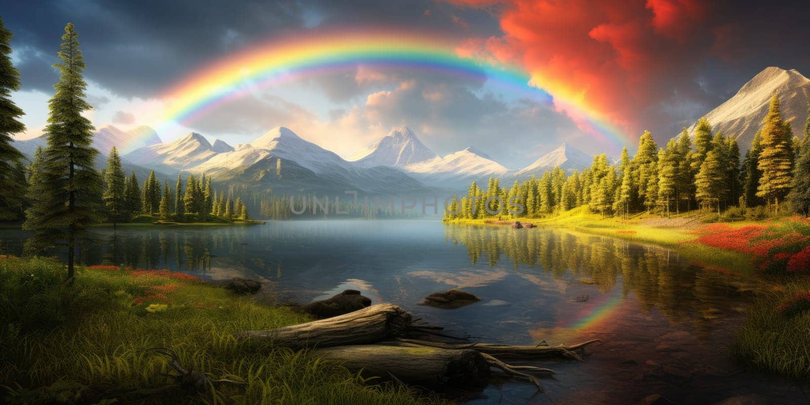 Colorful, huge rainbow over a beautiful scenery nature, landscape