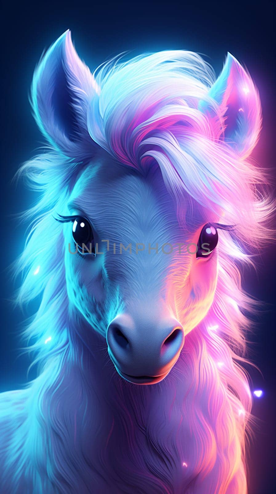 Digital art of a horse with vibrant neon mane in a fantasy style