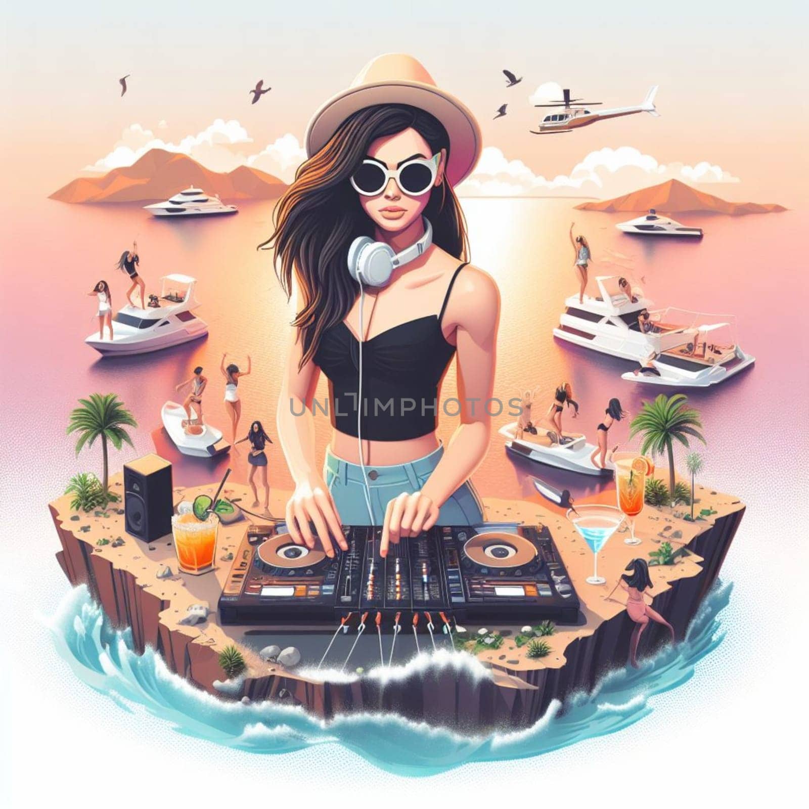 woman dj , wearing glasses earphone hosting dj set at crowded beach party in tropical island sunset ai generative art