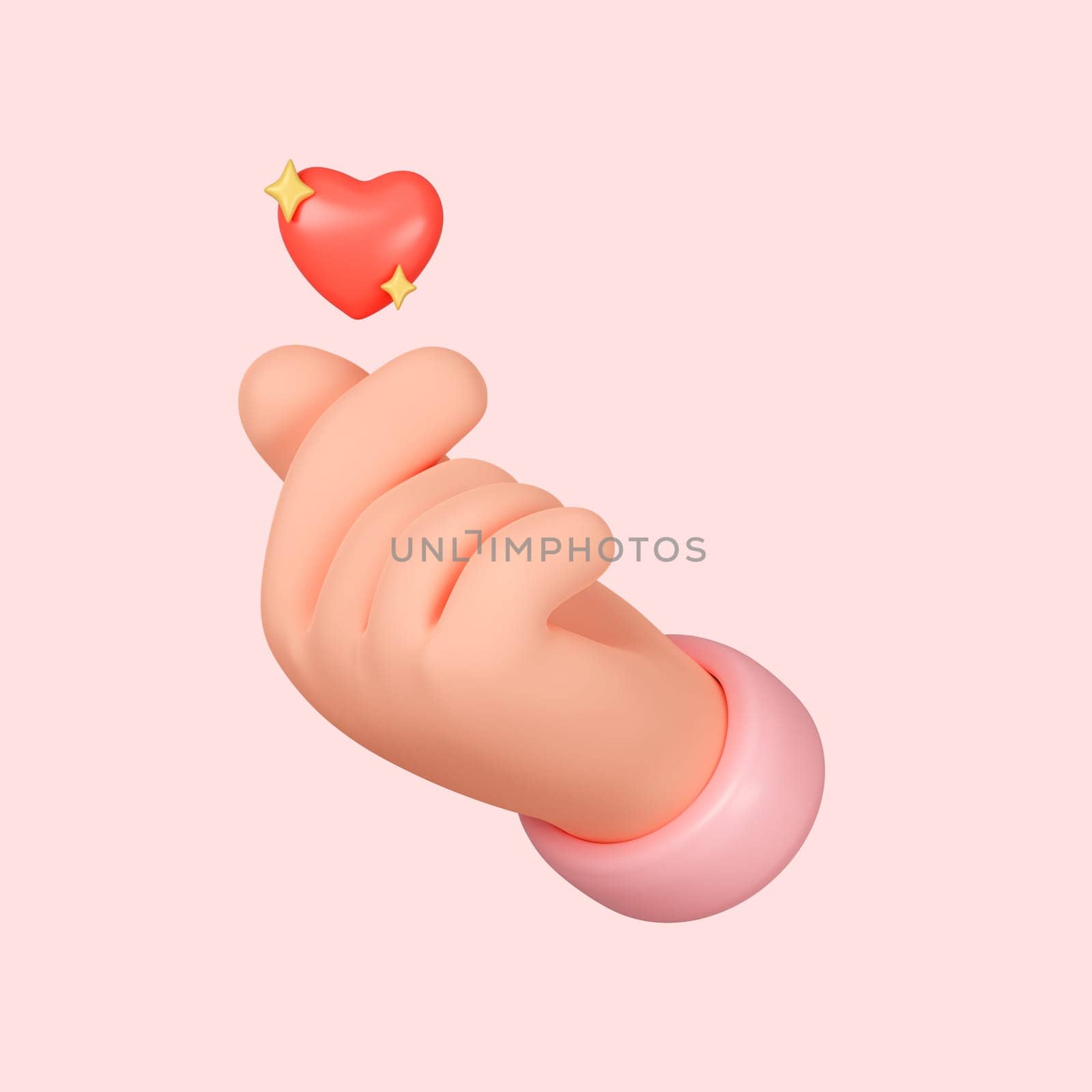 3d hands mini love gesture with red heart, korean kpop expression of love isolated on pink background with clipping path. 3d render illustration.