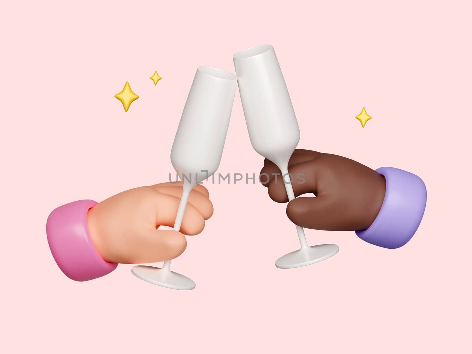 3D icon diversity two hands holding glasses with sparkling wine. Hand drawn raster. clipping path. 3d rendering illustration.