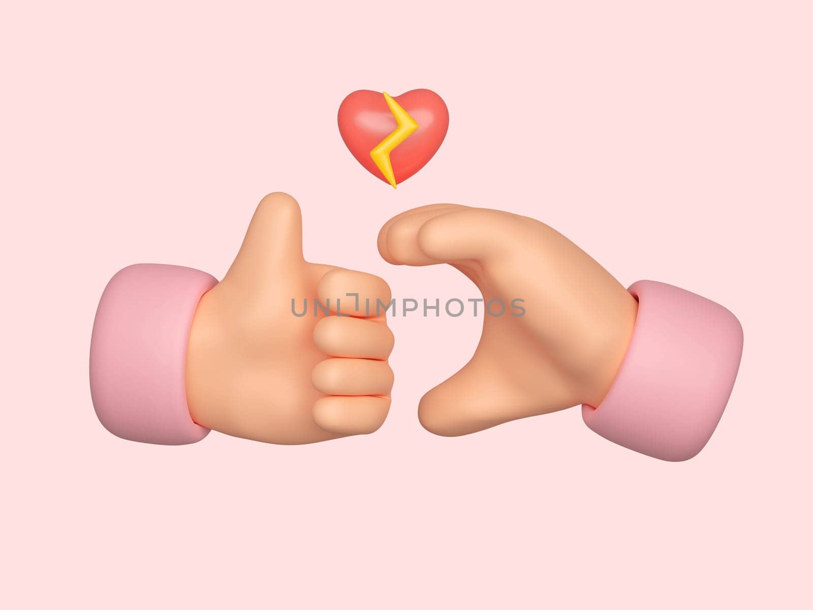 3d Cartoon hand with broken heart isolated on pink background with clipping path. 3d render illustration.