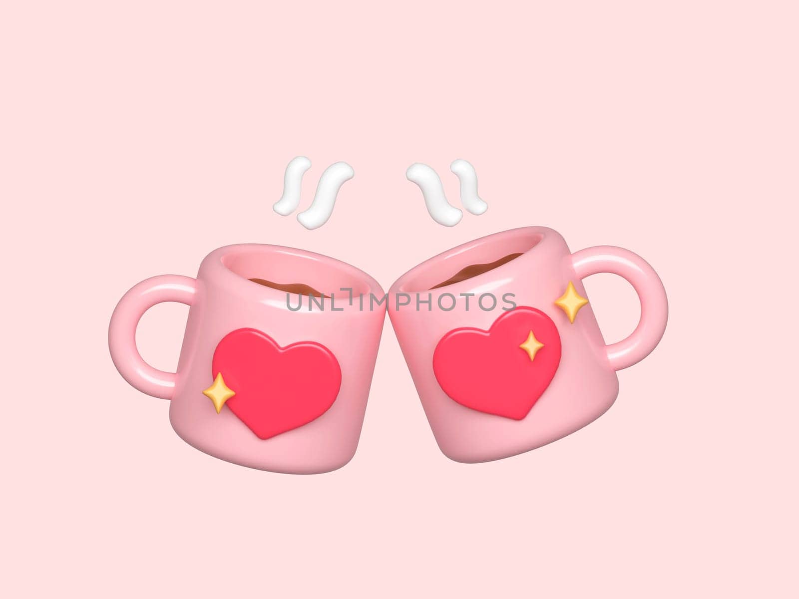 Couple pink mug with love red heart 3d rendering illustration, isolated on pink background with clipping path, romance, love, marriage, engagement concept.