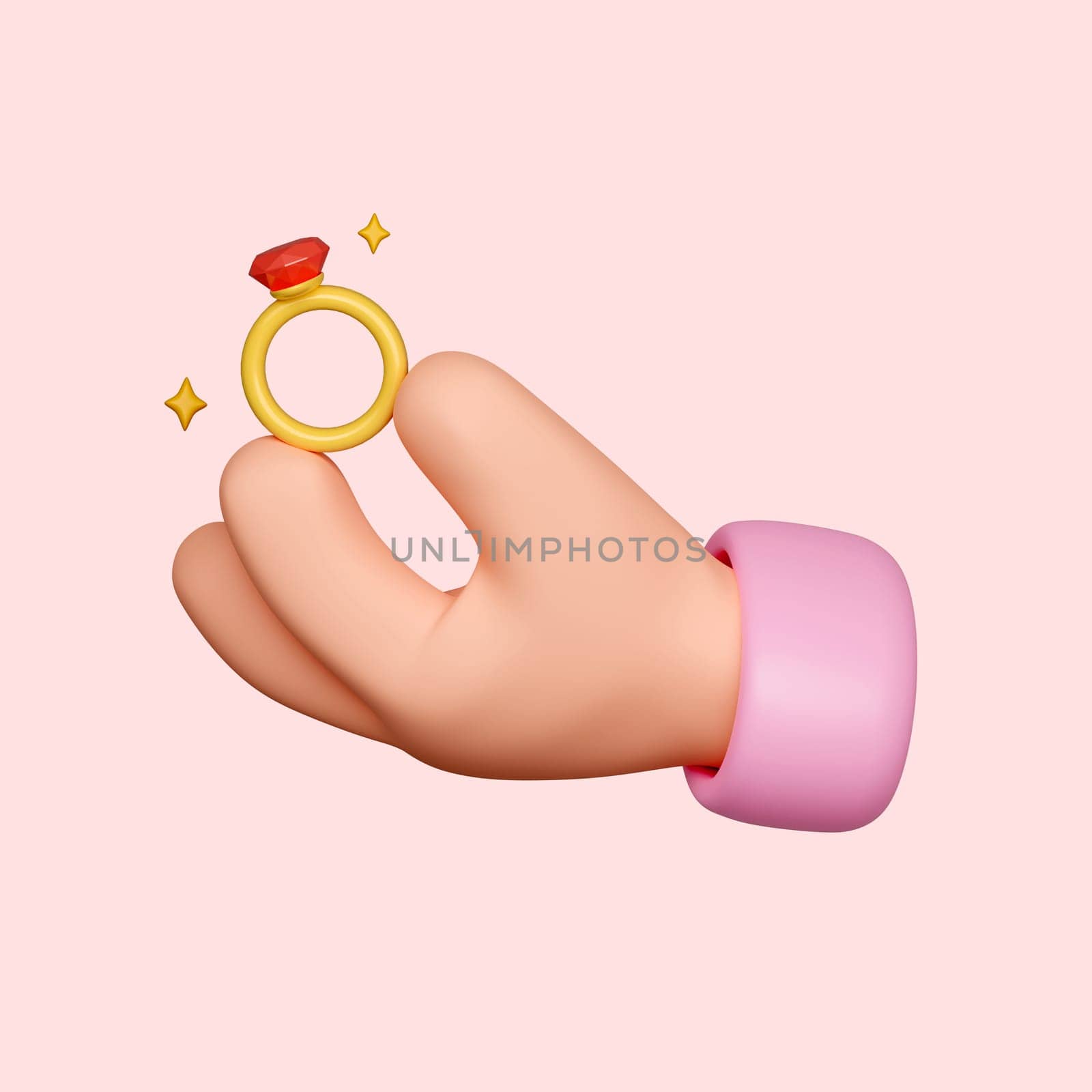 Marriage proposal. 3d hand holding golden wedding ring and diamond isolated on pink background. clipping path. 3d render illustration by meepiangraphic