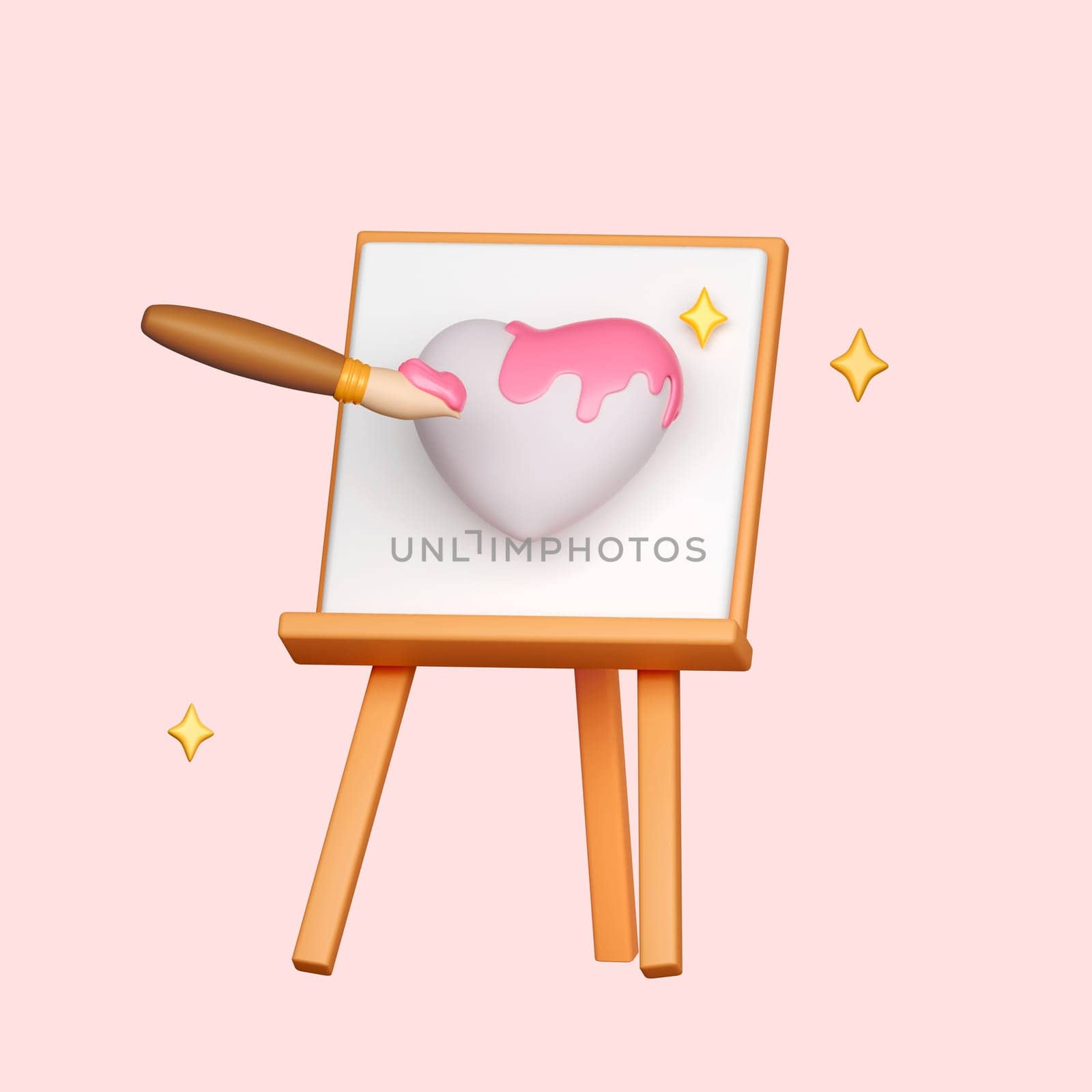 Artist paint brushes drawing heart isolate on pink background. icon clipping path. 3d render Illustration by meepiangraphic