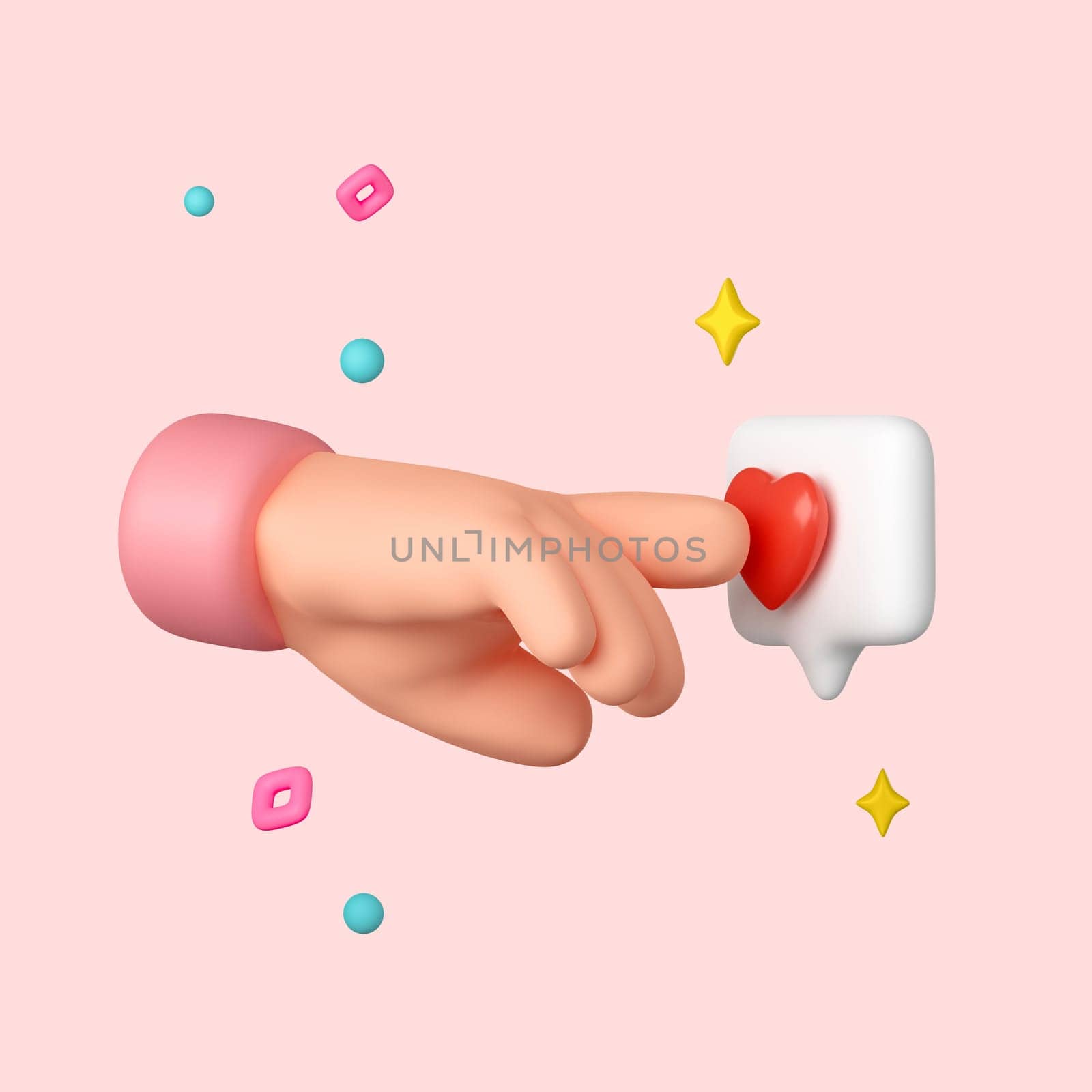 3D Hand finger presses on like button. Social media marketing concept. Notification like icon. Social network app. Cartoon creative design illustration isolated on white background with clipping path. 3D render illustration.