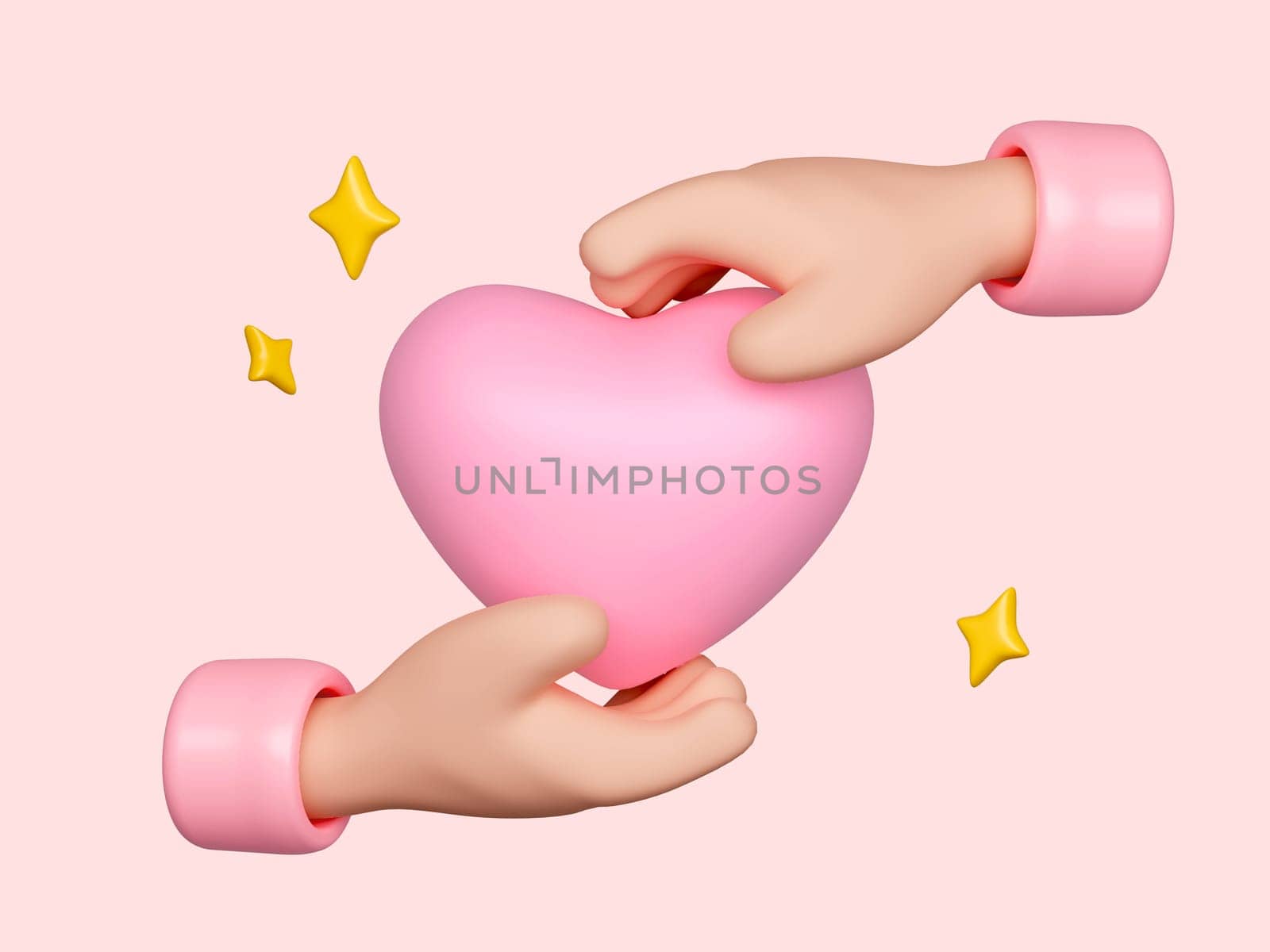 3D icon hands holding pink heart to supporting and giving help. Healthcare concept. isolated on pink background. clipping path. 3D render illustration.