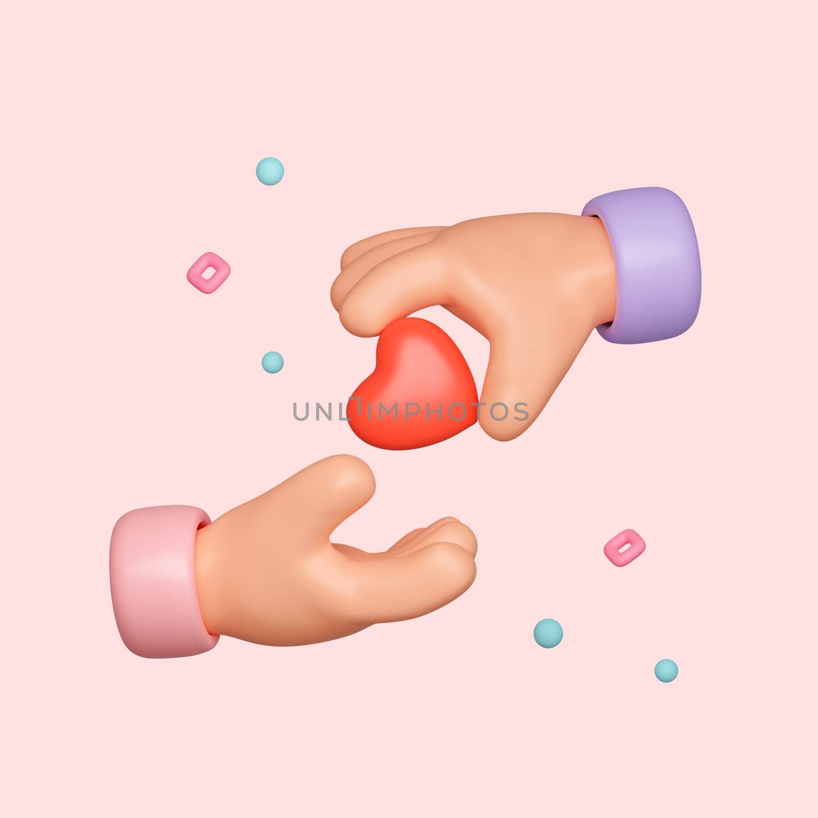 3D cartoon hand give red heart to another isolated on pink background with clipping path. Social media concept. 3d render illustration by meepiangraphic