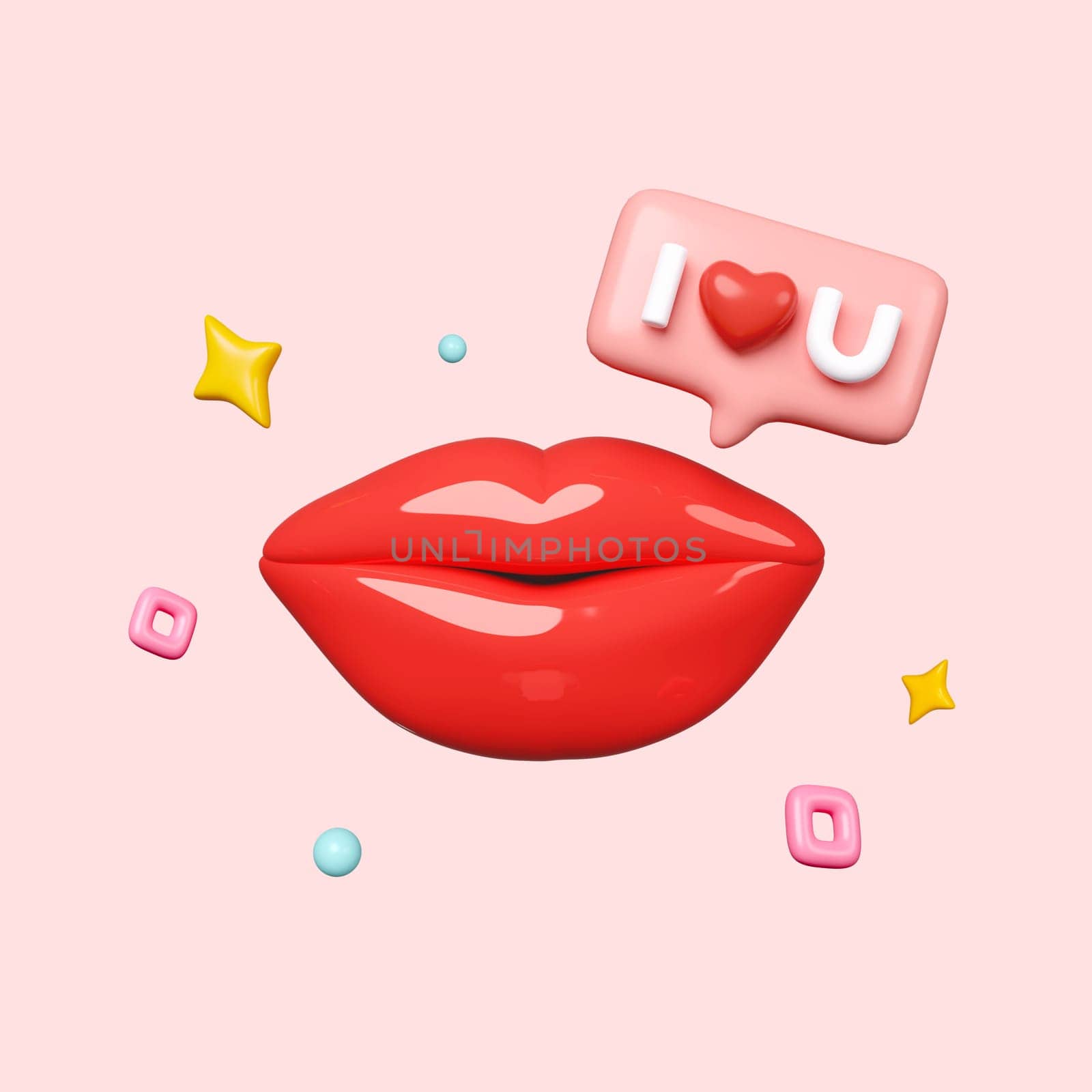 3d icon red lips with message dialog I love you. Realistic Elements for romantic design. Isolated on pink background. 3D render illustration.