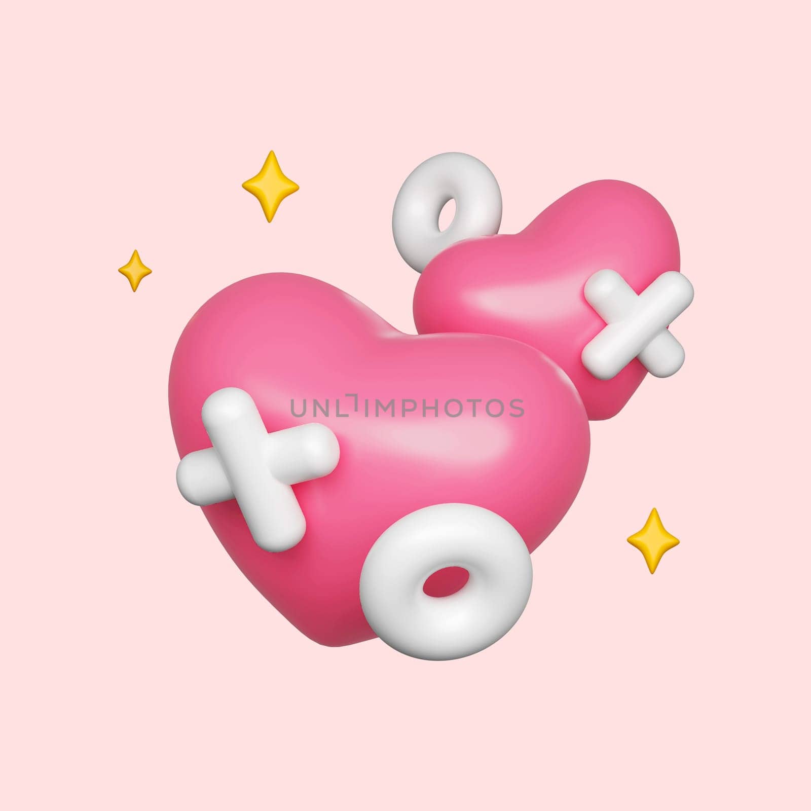 Happy Valentine's Day. Romantic creative composition. 3d festive decorative objects, heart shaped balloons and XO Xo symbol whole hug. isolated on pink background. clipping path. 3d render illustration.