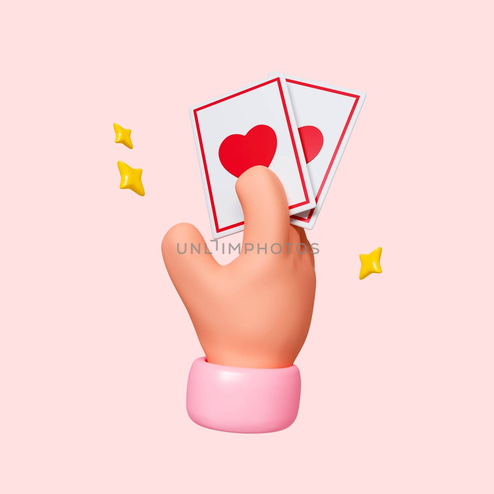 3D hand playing cards hearts. cartoon style isolated on pink background. clipping path. 3D render illustration by meepiangraphic