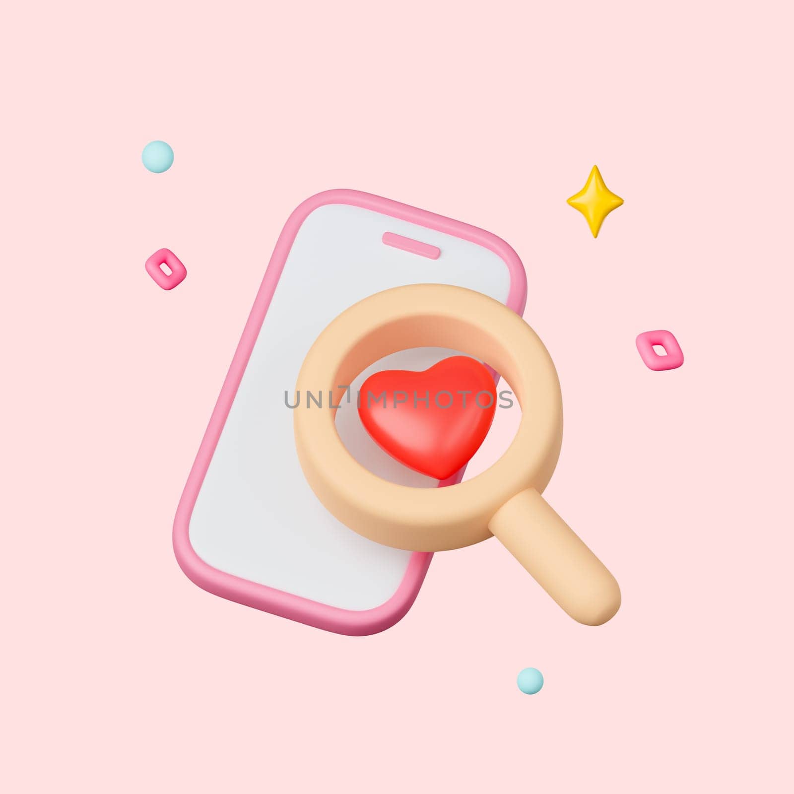 3D mobile phone with social icon on pink background, Searching concept, find love, health love or world heart day concept, 3d render illustration by meepiangraphic