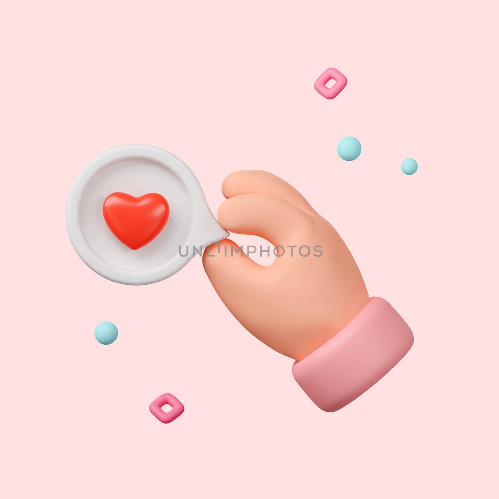 Cartoon character hand hold and give like symbol icon on a white pin and red heart isolated over pink background with clipping path. 3d rendering by meepiangraphic