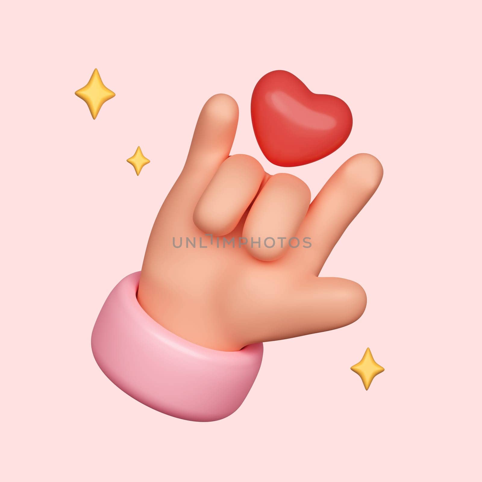 3D hand making I love you gesture gestures with red heart. cartoon style isolated on pink background. clipping path. 3D render illustration by meepiangraphic