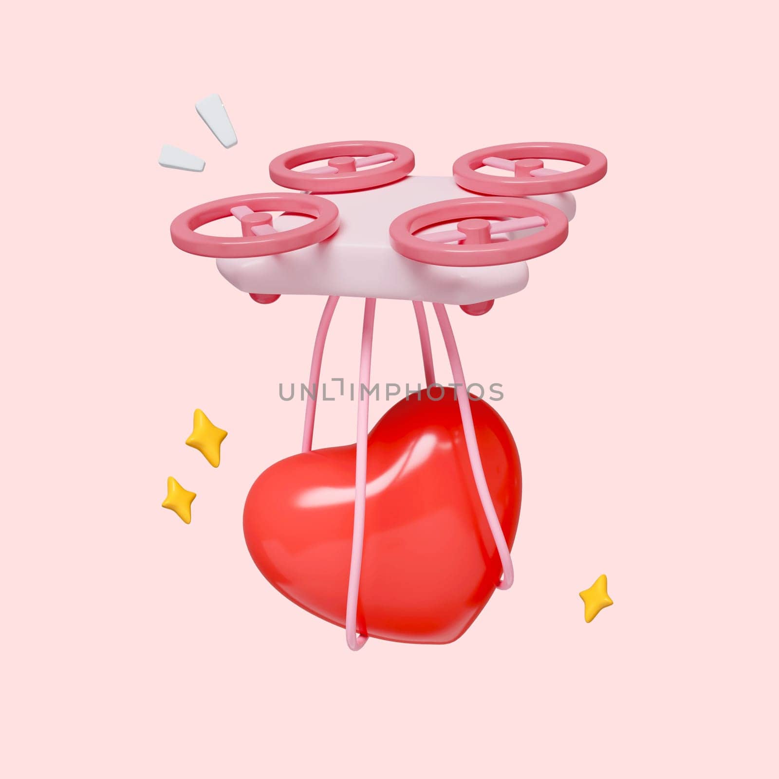 3d icon valentine day with drone delivery red heart. Symbol of love. Valentine day. isolated on pink background. clipping path. 3D render illustration.