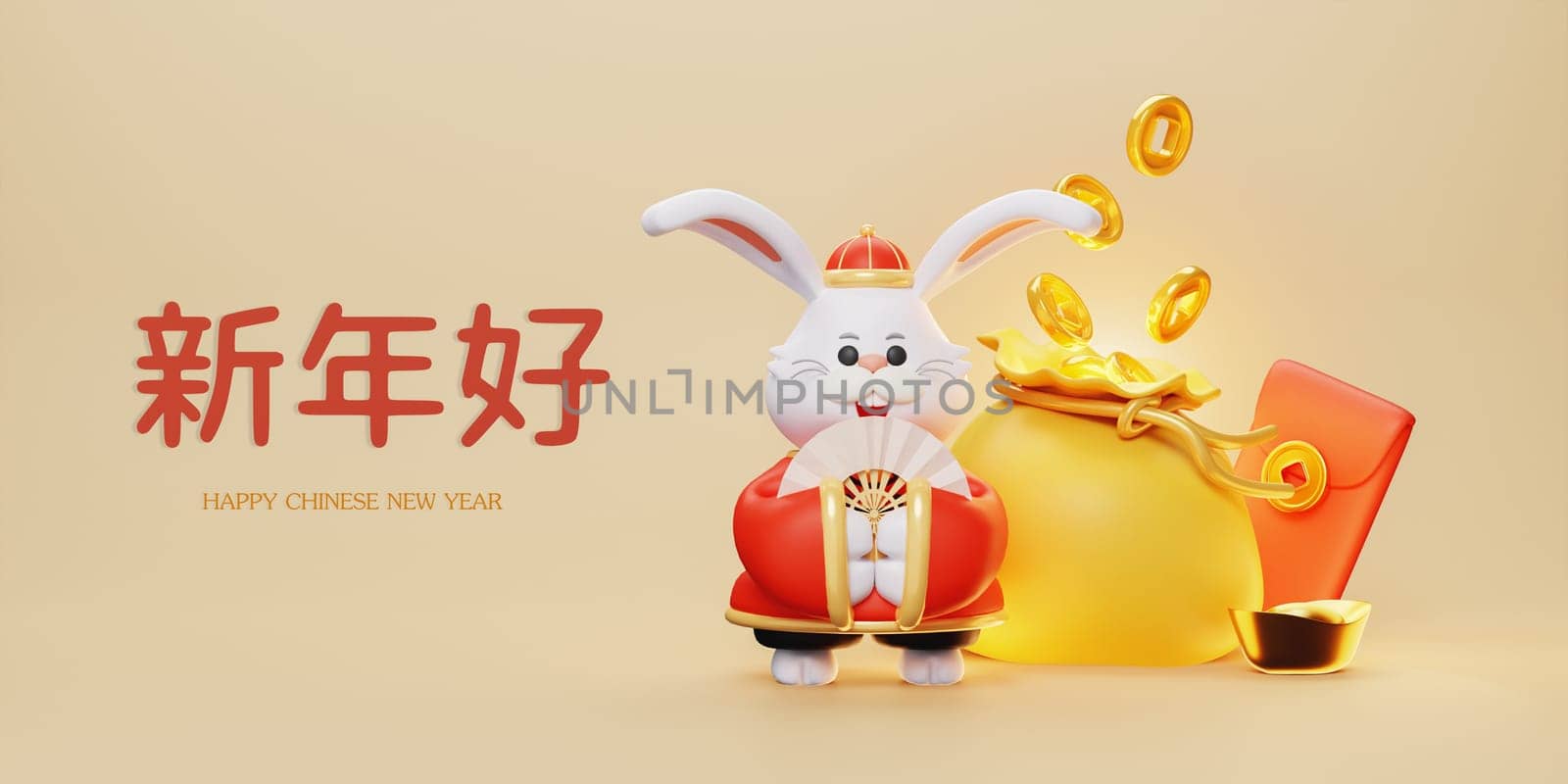 3d illustrated cute rabbits wearing traditional costume in different expressions and poses on yellow background and copy space. Chinese New Year concept. 3D render Illustration.