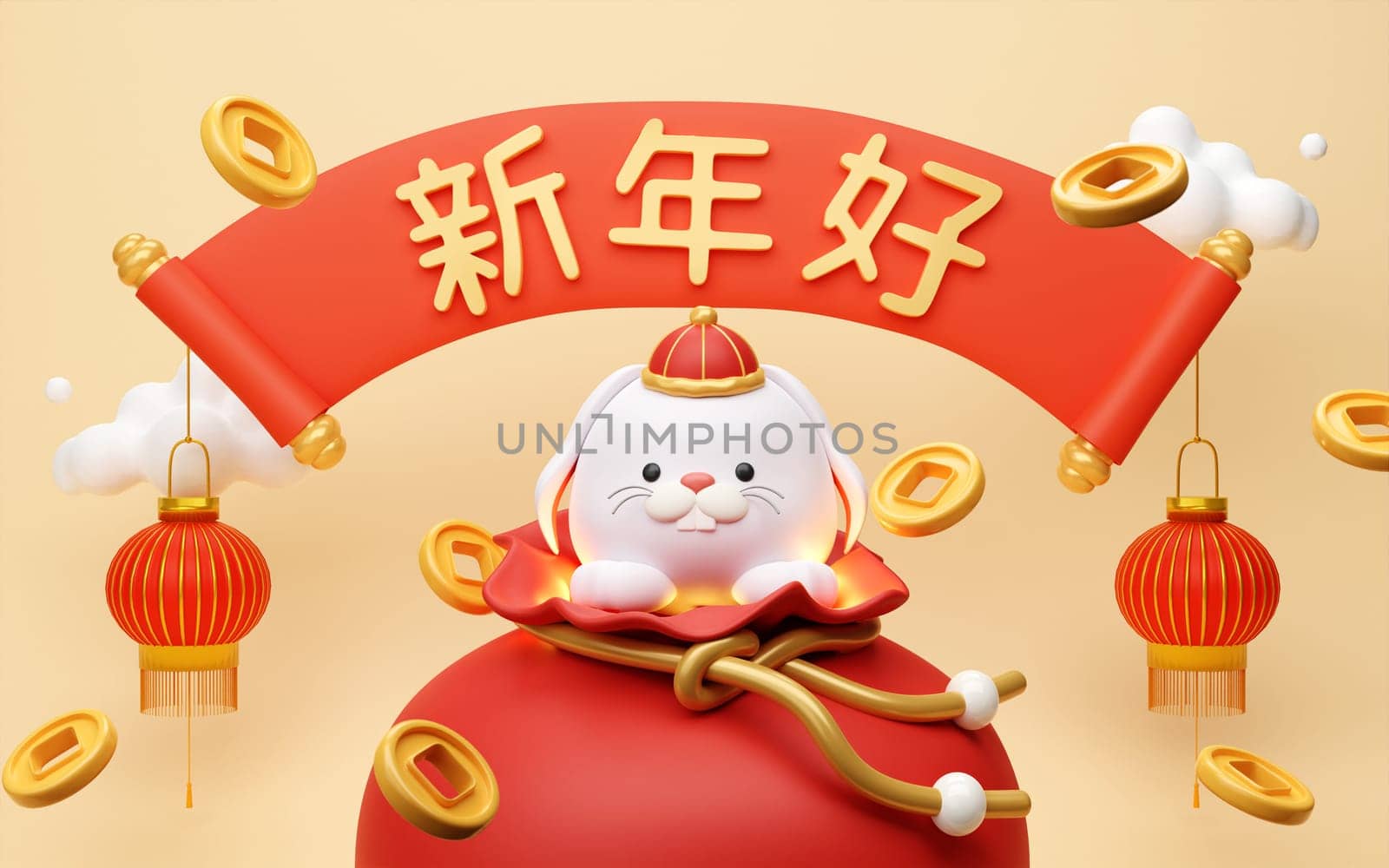 3d rabbit zodiac scene design. Composition of fortune bag, greeting scroll, cute rabbit toy standing on cloud. Happy Chinese New Year wallpaper background. 3d render illustration.