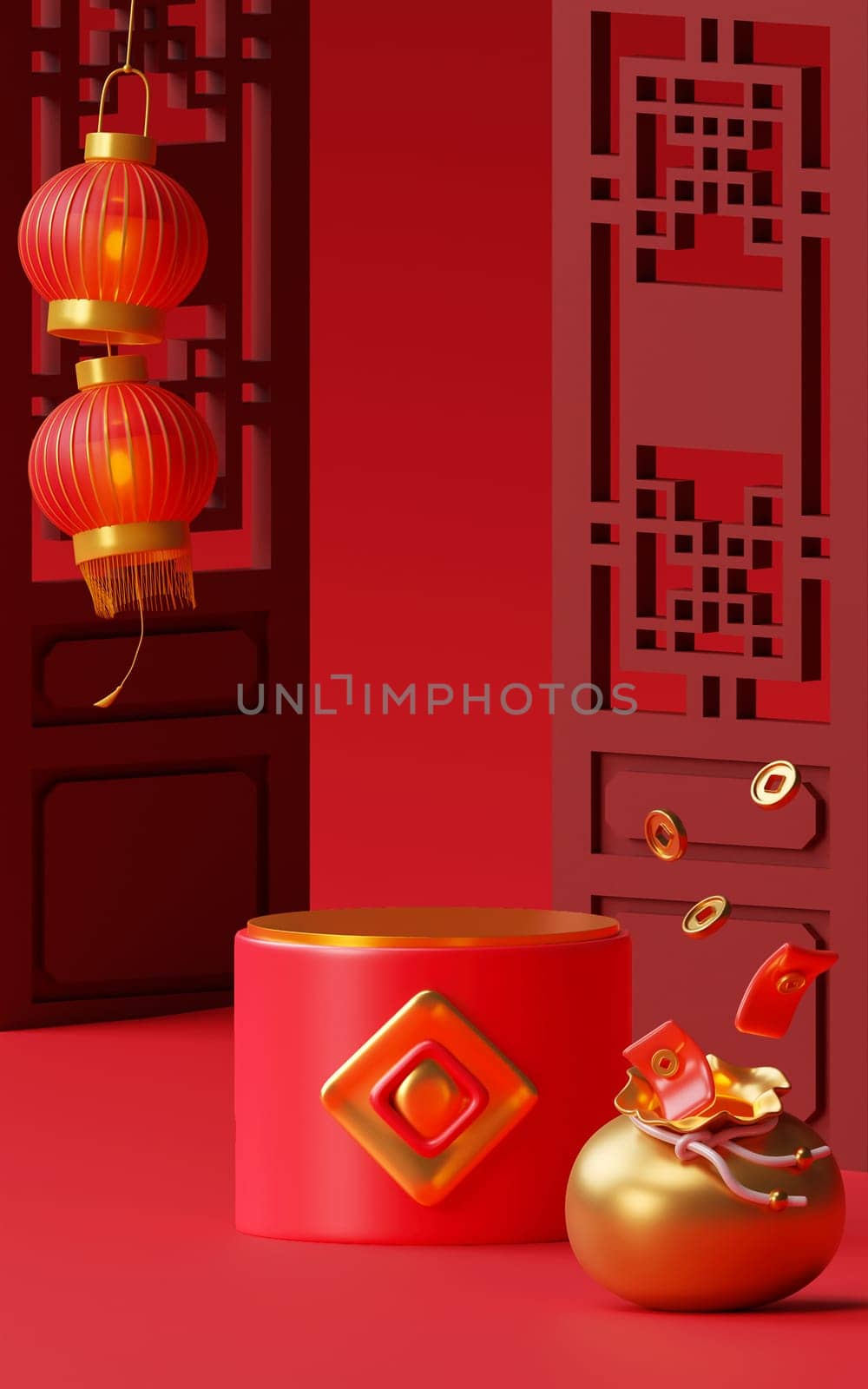 Red podium chinese new year concept. product stand podium background pedestal 3D rendering illustration by meepiangraphic