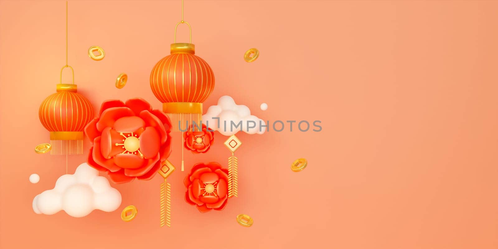 Chinese New Year. Traditional Holiday Lunar New Year, Spring Festival design. Red background. China's Holiday. 3D render Illustration