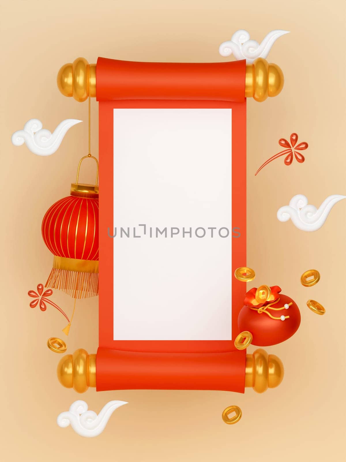 Red chinese new year lantern with scroll paper background with copy space for product and text, 3D render Illustration.