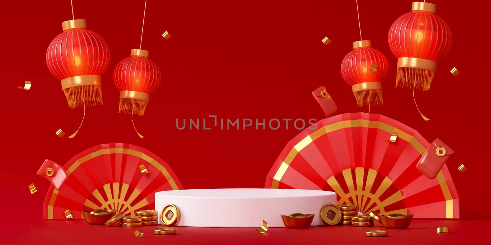 Red podium chinese new year concept. product stand podium background pedestal 3D rendering illustration.